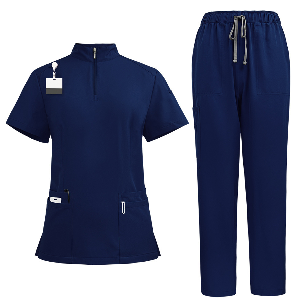 Hand-Washable Nurses' Uniform with Stand-Up Collar and Front Zipper